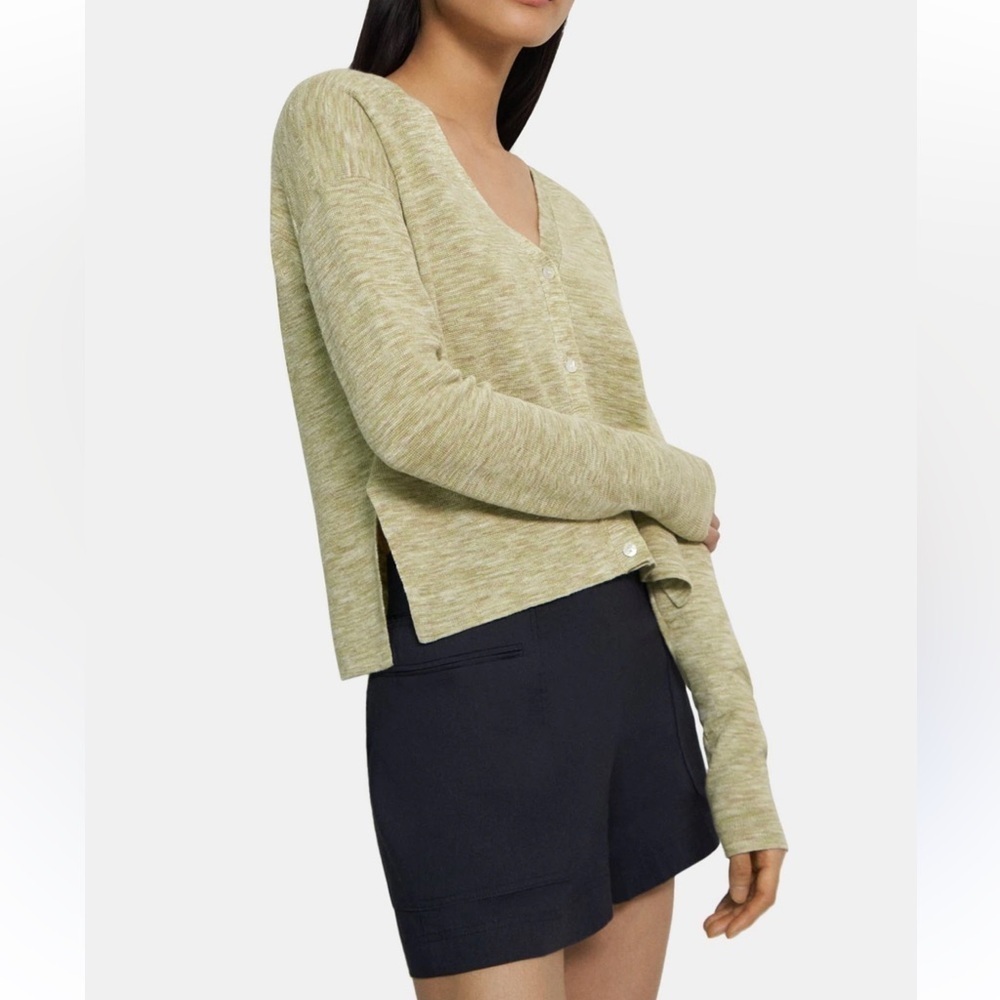 THEORY Hanalee Cropped Green V-Neck Cardigan Sweater Linen Size M